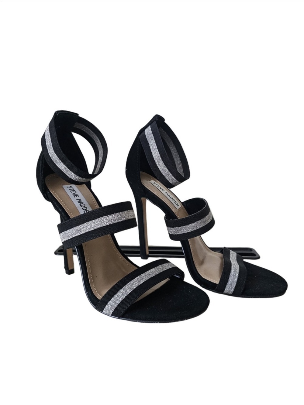 Steve Madden Black Strappy High Heel Sandals with Silver Accents